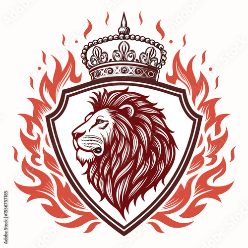 Regal lion head crest, zodiac flames, heraldic, royal emblem, noble, fire, astrological signs detail.