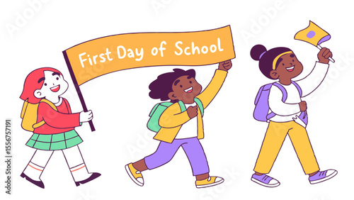 Three diverse students walking together on their first day of school carrying a banner and a flag happily