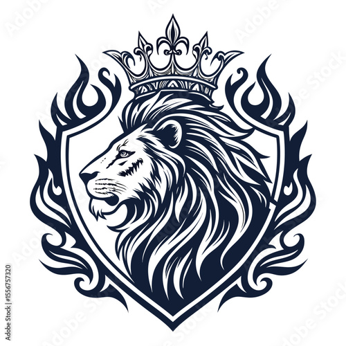Majestic lion head roaring, royal crest, zodiac flames background. Regal, powerful, symbolic.