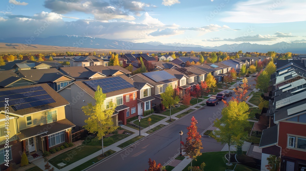 Obraz premium Solar panel array installed on a residential community rooftop in an urban area.