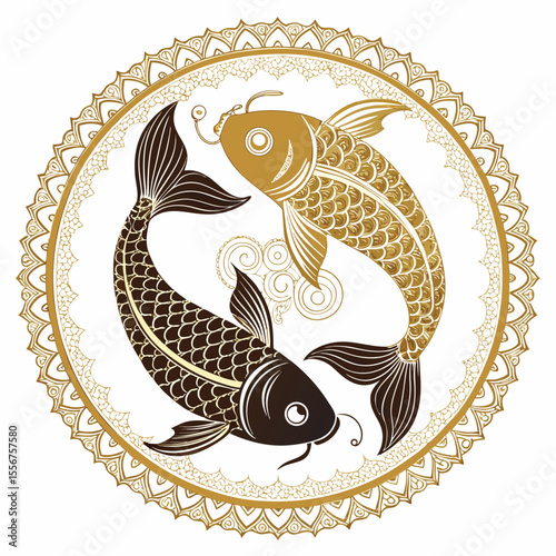 Two golden pisces fish forming a yin yang symbol, intricate lacework, ethereal, peaceful balance.