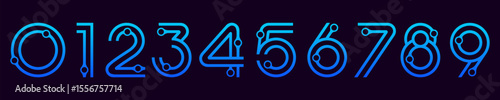 Number set font alphabet vector illustration. Set of modern numbers 0 to 9 with technology elements logo design. In blue colors.