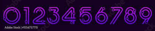 Number set font alphabet vector illustration. Set of modern numbers 0 to 9 with technology elements logo design. In purple colors.
