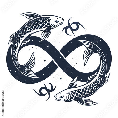 Two stylized Pisces fish gracefully looping into an infinity symbol against a cosmic galaxy background.