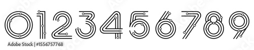 Number set font alphabet vector illustration. Set of modern numbers 0 to 9 with technology elements logo designs.