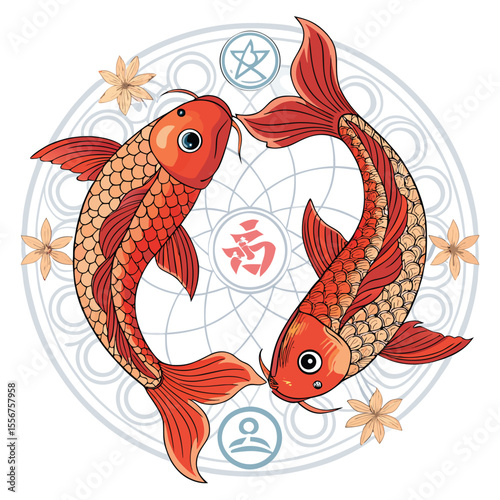 Pisces twin koi fish, symmetrical pose, intertwined, mystical atmosphere, soft lighting, serene.