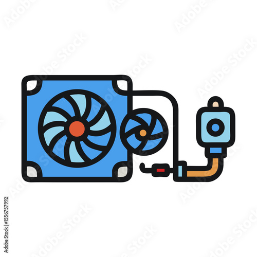 Schematic blue cooling fan and pipes on White Background