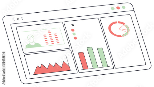Illustration of a dashboard interface with various charts graphs and a user profile displayed on a screen view