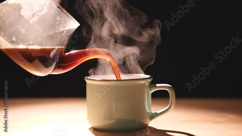 Coffee. Close up pouring black coffee into green ceramic cup, mug with beautiful steam smoke spins, rising from the cup on old wood table, dark or black background. Concept of coffee, tea, food, drink