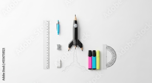 Back to School Supplies Arranged Creatively As A Rocket Taking Off Ready For Adventure