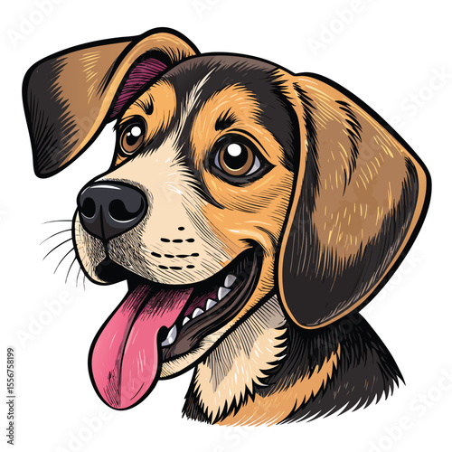 Adorable puppy head portrait. Floppy ears, pink tongue sticking out playfully. Happy, cute, charming.