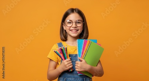 Happy young student with books and pencils ready for school