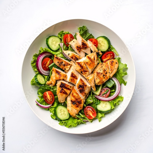 Grilled Chicken Salad: Fresh Greens, Cucumber, Tomato, Red Onion, Healthy Eating, Overhead Shot