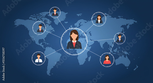 vector concept of online team collaboration. A leads a global team, connected to colleague profiles with a world map in the background. Set for work from anywhere theme, remote work, lifestyle