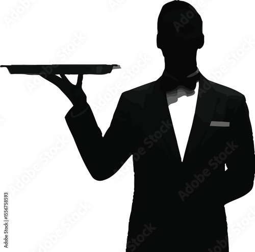 Silhouette of a waiter holding a tray in a formal suit under spotlight
