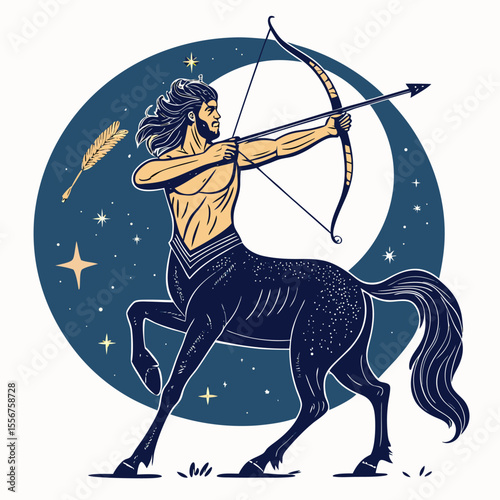A majestic Sagittarius centaur, mid-shot, aiming a bow and arrow amidst a vibrant, starry night sky.  Focus on the celestial details.