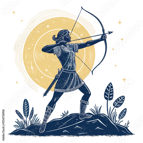 A Sagittarius archer, in a vintage archery stance, bathed in ethereal moonlight, a celestial halo surrounding their head.  Detailed, vibrant, and artistic.
