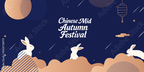 Mid Autumn Festival poster, card, banner design with rabbits and full moon, Chinese Mid-Autumn Festival and Korean Chuseok geometric vertical backgrounds set simple and trendy.