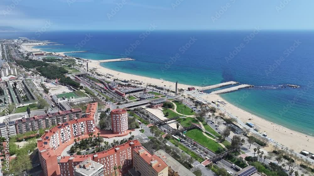 Barceloneta Beach In Barcelona Catalonia Spain. Stunning Tropical Coastline Beach Scene Viewed From Above. Business Sky Downtown Cityscape. Exterior Downtown Famous. Barcelona Catalonia. Barceloneta Beach In Barcelona Catalonia Spain. Stunning Tropical Coastline Beach Scene Viewed From Above. Business Sky Downtown Cityscape. Exterior Downtown Famous. Barcelona Catalonia.