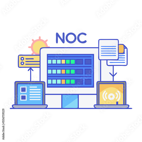 Network Operations Center illustration showing a central monitoring system