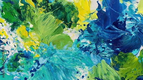 Abstract blue and green painting textured background with oil brush art style, blue, yellow, green brushstrokes create a vibrant atmosphere on the white canvas, embodying the expressionist color gamut