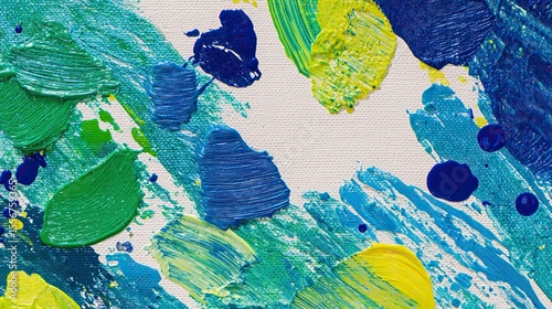 Abstract blue and green painting textured background with oil brush art style, blue, yellow, green brushstrokes create a vibrant atmosphere on the white canvas, embodying the expressionist color gamut