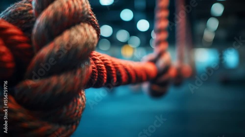 Close-up of a vibrant red and dark gray rope knot