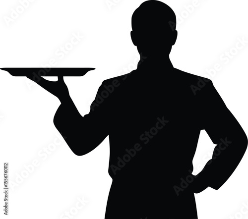 Silhouette of a waiter holding a tray against a white background view