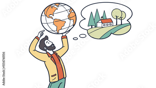 Man with beard holding globe and thinking about a house in the countryside with trees and green hills