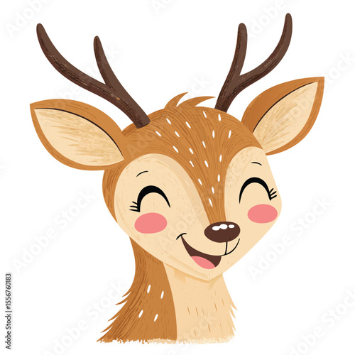 Create a cute illustration of a smiling deer head with small antlers, rosy cheeks, and a gentle expression.  Focus on a charming, childlike aesthetic.