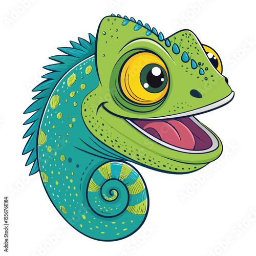 Close-up of a smiling chameleon's head, showcasing its curled tongue and large, expressive eyes.  High detail, vibrant colors.