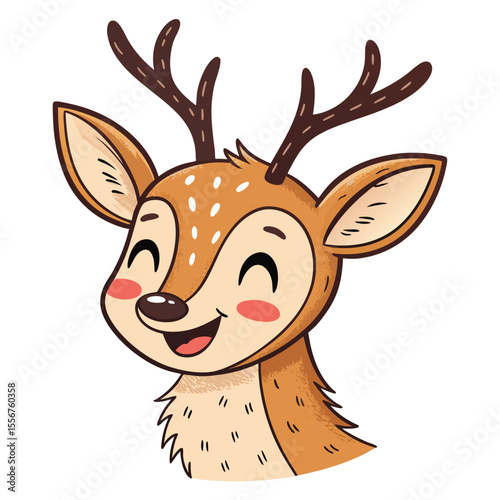 Create a whimsical illustration of a smiling deer head with small, velvet antlers, exhibiting a rosy blush on its cheeks.  The style should be cute and cartoonish.