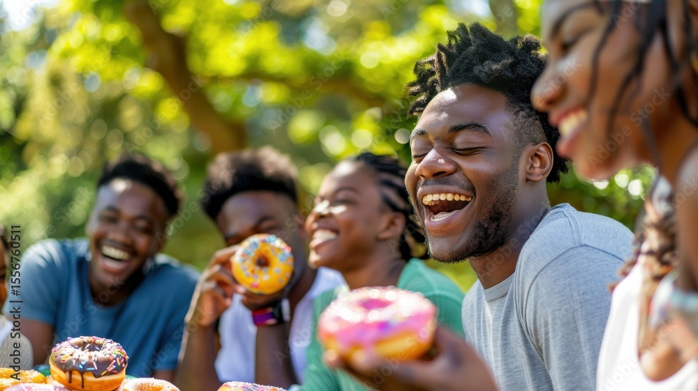 Group of young Black people enjoying donuts in park Group of young Black people enjoying donuts in park