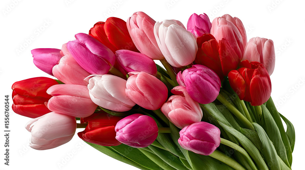Fototapeta premium Tulip Bouquet: A vibrant bunch of red and pink tulips are arranged into a beautiful bouquet, their velvety petals and stems a symbol of love and appreciation.