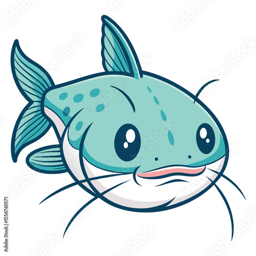 Illustrate a charming cartoon catfish head, showcasing endearing whiskers and playful bubbles emanating from its mouth.  Focus on a sweet and friendly expression.