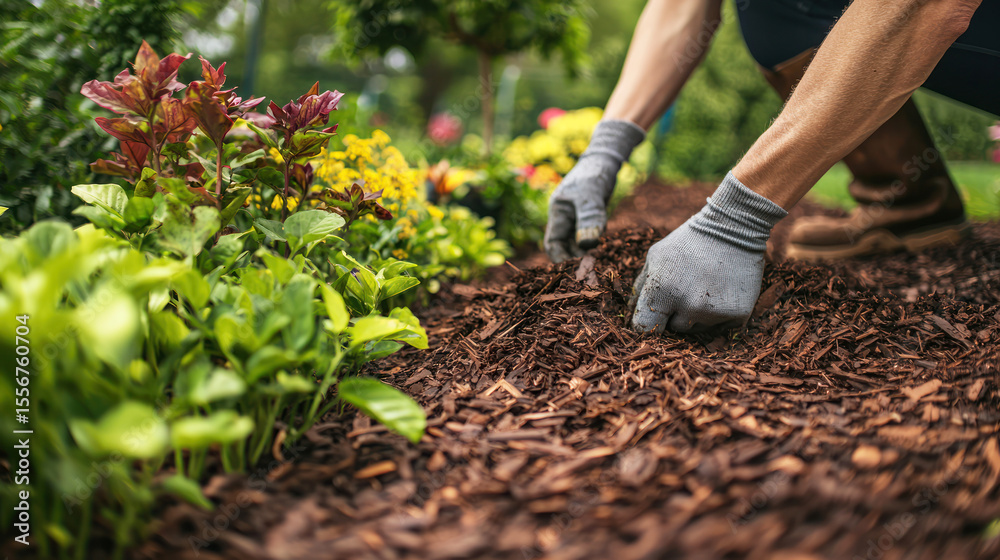 Fototapeta premium A gardener laying down mulch in a garden bed to help retain moisture and protect plants.
