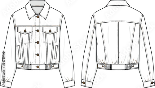 Denim jacket flat sketch, front and back view, fashion technical drawing, casual outerwear design template, vector clothing mockup, outlined style