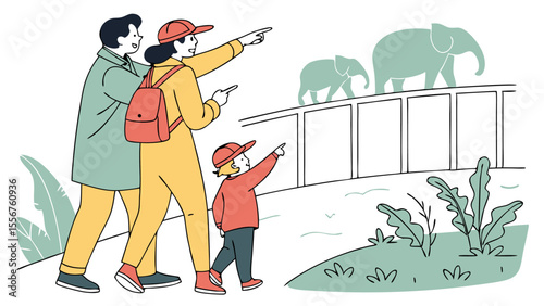 Family visiting a zoo looking at elephants behind a barrier pointing with excitement and wearing caps