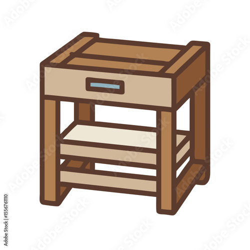 Wooden nightstand with drawer, shelves on White Background