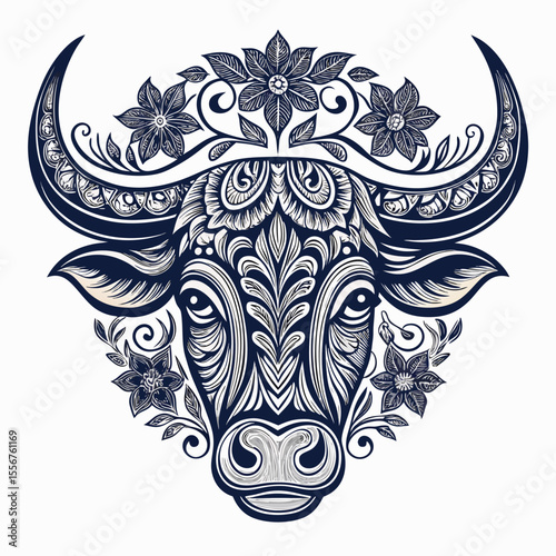 A majestic Taurus bull head, intricately adorned with Baroque-style swirling patterns and vibrant floral embellishments.
