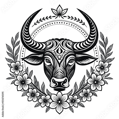 Taurus ox head tattoo design, tribal art, floral B integration, zodiac sign, strong lines, bold, black ink.
