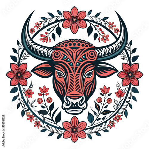 Tribal Taurus ox head tattoo design, stylized floral border, black ink, intricate line work, zodiac sign.