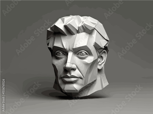 Low Poly 3D Male Head Sculpture with Geometric Facets on Gray Background
