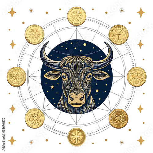A majestic Taurus bull, richly adorned, amidst a lavish scattering of Baroque-style gold coins and constellations.  Celestial details are crucial.