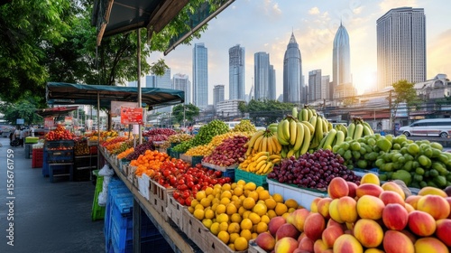 Vibrant Fruit Market with Tall Buildings in Modern Cityscape at Sunset
