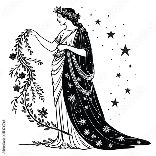 A Virgo zodiac sign depicted as a woman in a flowing vintage gown, adorned with celestial vines and stars.  Elegant, ethereal, astrological.