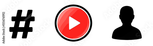 Hashtag symbol next to play button inside oval shape and a silhouette of an object is present