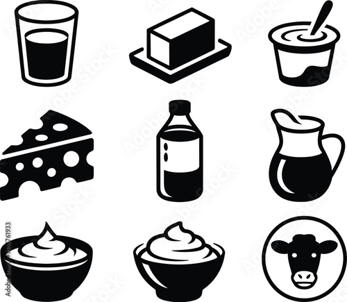 Collection of dairy products in black and white vector illustration