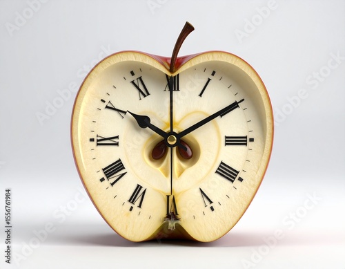 A clock designed inside a sliced apple with Roman numerals on the inner surface.