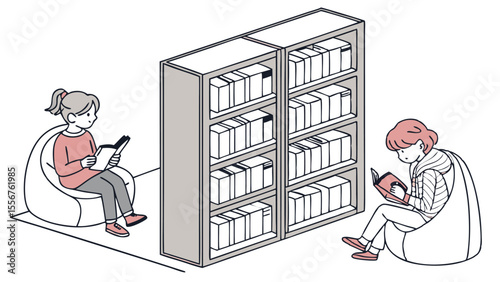 Illustration of two people reading books on beanbag chairs next to a full bookshelf in a library
